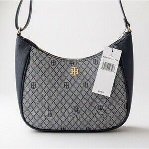 New TOMMY HILFIGER Navy purse Gold Metal TH Logo shoulder Handbag MSRP $108